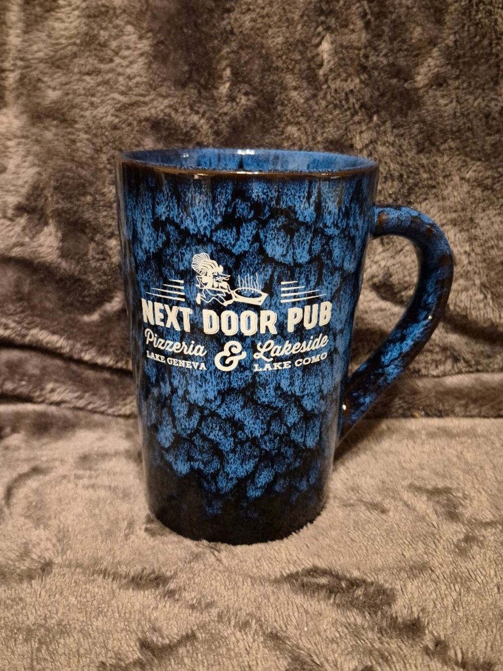 Next Door Pub Lake Geneva & Lake Como Blue Brown Coffee Mug Ceramic Pottery